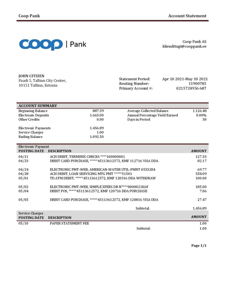 Estonia Coop Pank proof of address bank statement template in Word and PDF format