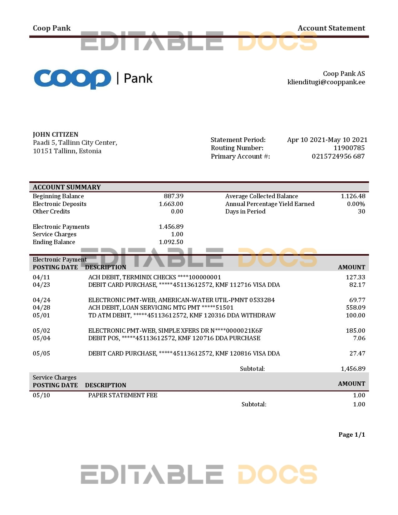 Estonia Coop Pank proof of address bank statement template in Word and PDF format