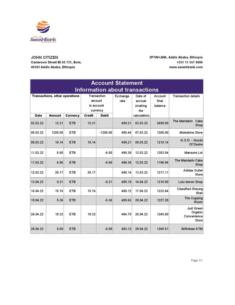 Ethiopia Awash Bank statement Excel and PDF template