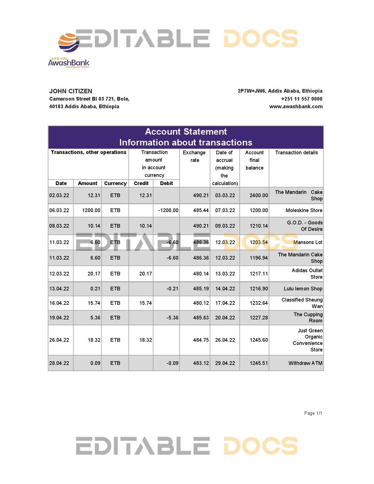 Ethiopia Awash Bank statement Excel and PDF template