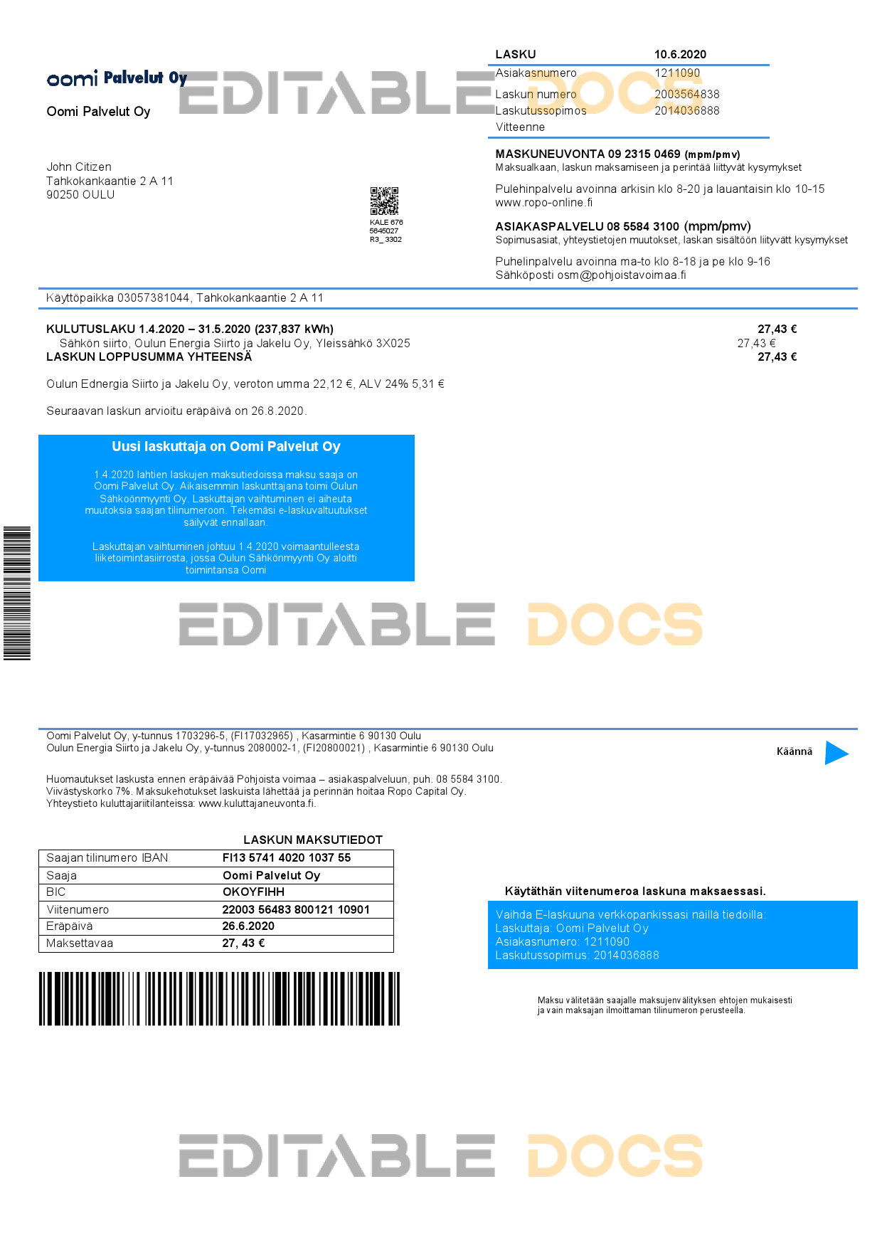 Finland Oomi Palvelut Oy electricity utility bill template in Word and PDF format