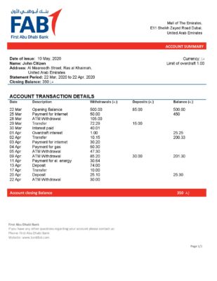 UAE First Abu Dhabi bank statement easy to fill template in Word and PDF format