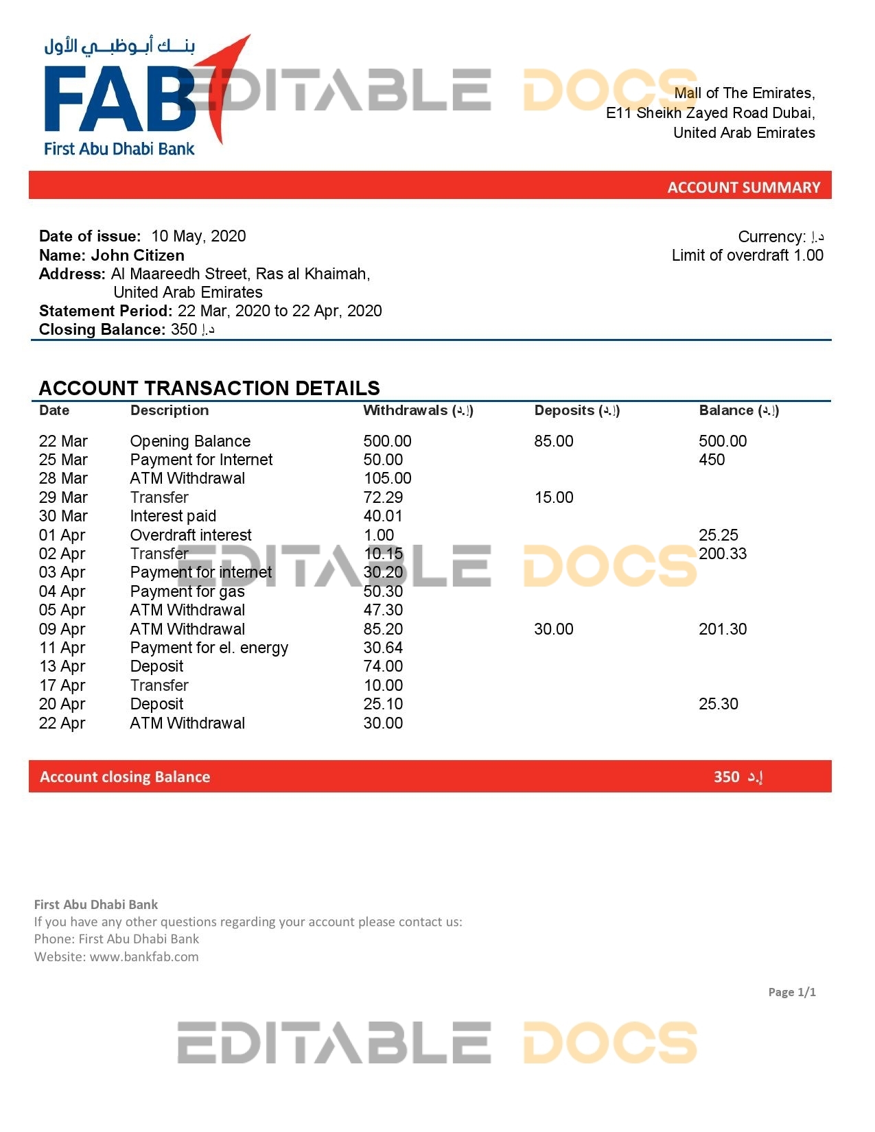 UAE First Abu Dhabi bank statement easy to fill template in Word and PDF format