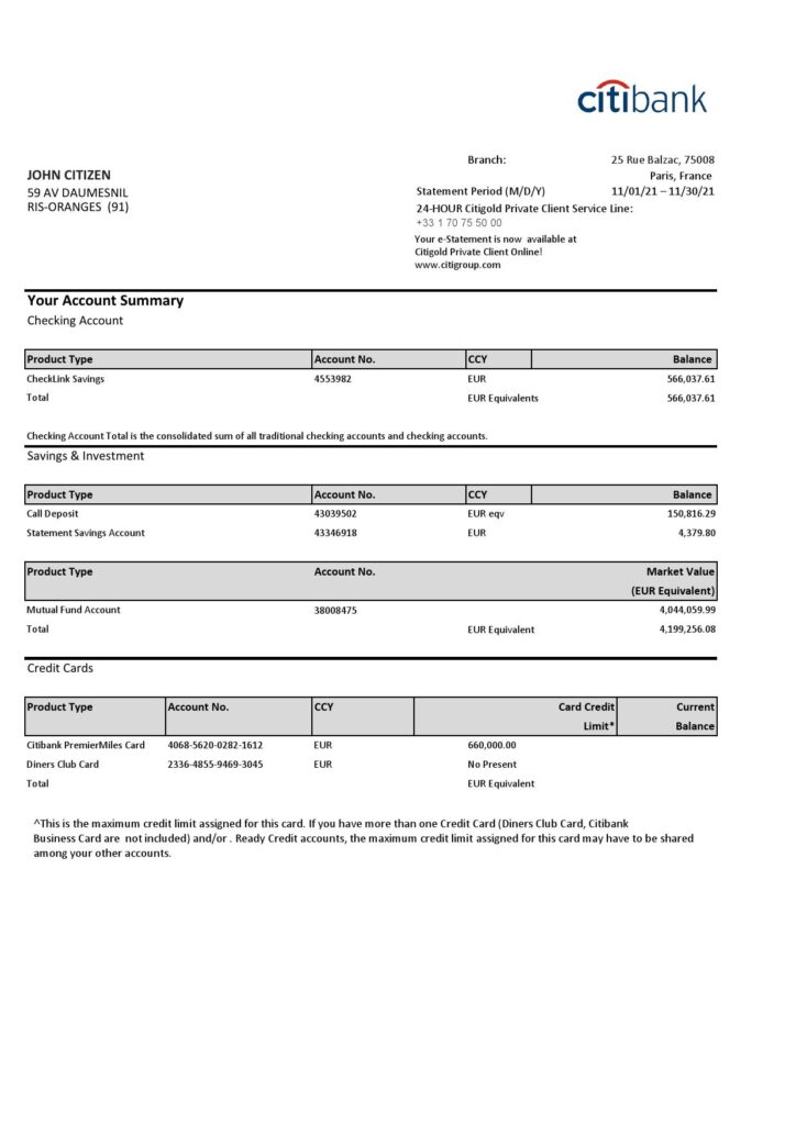 France Citibank bank statement template in .xls and .pdf file format