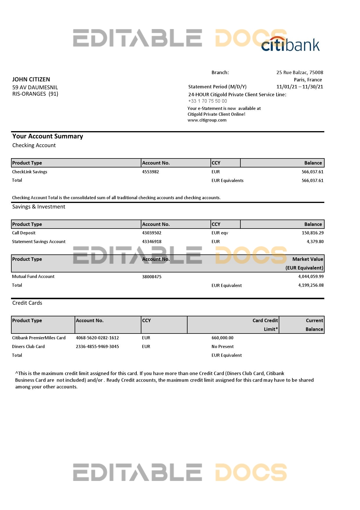 France Citibank bank statement template in .xls and .pdf file format
