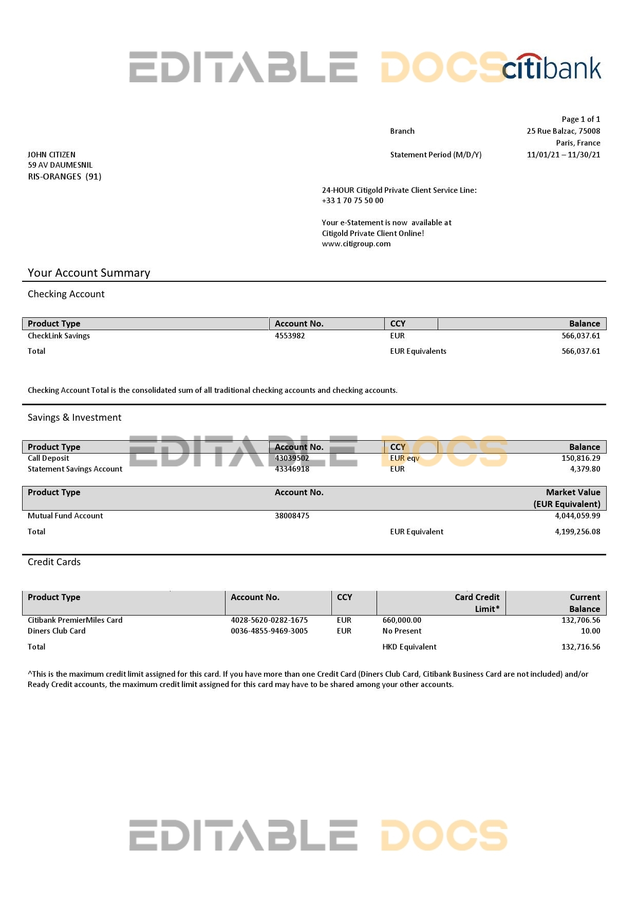 France Citibank bank statement template in Word and PDF format