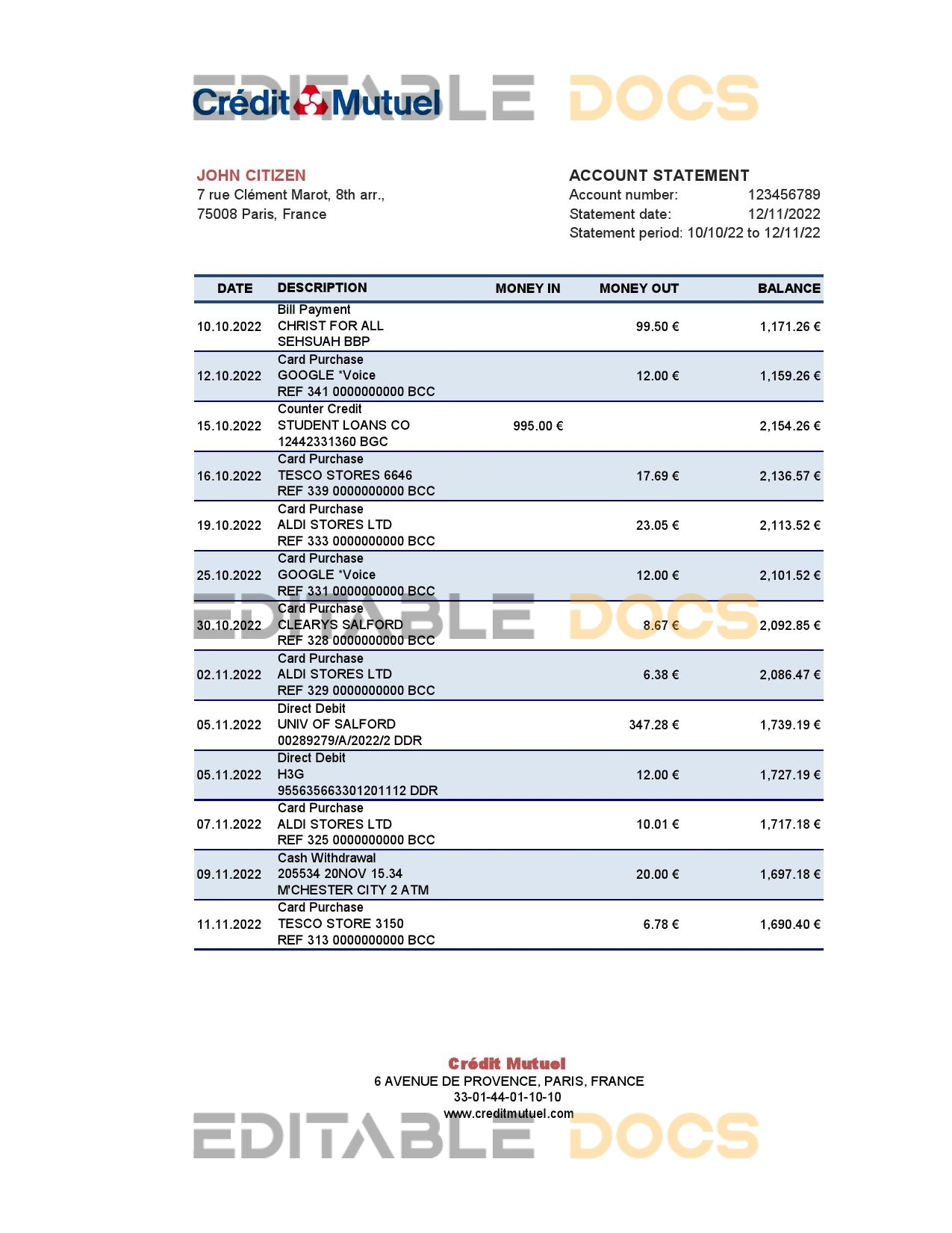 France Credit Mutuel bank statement Excel and PDF template