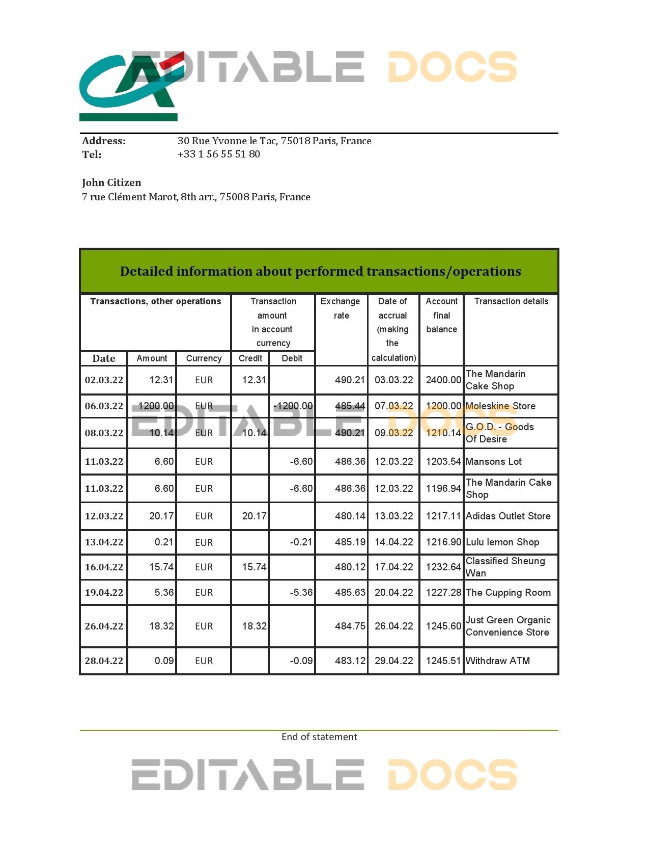 France Credite Agricole Bank statement Excel and PDF template