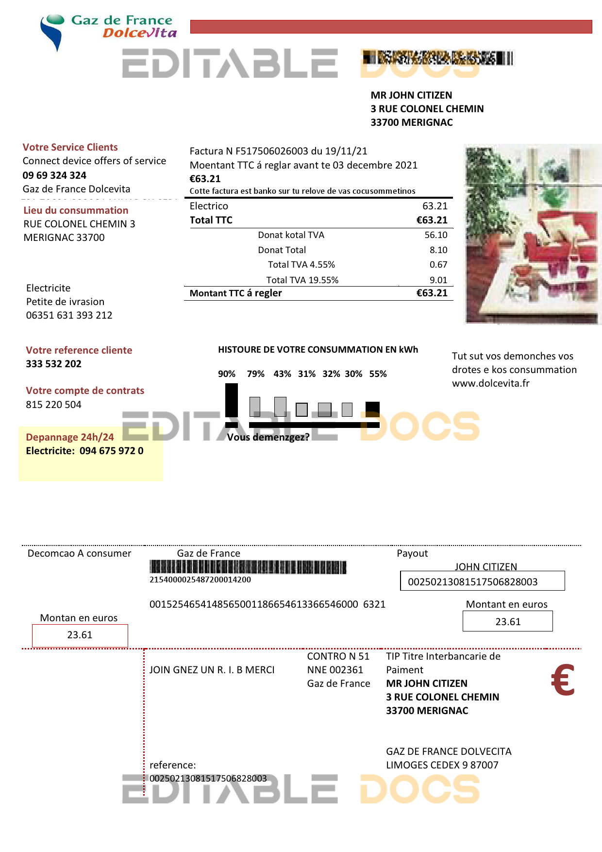 France Gaz de France Dolcevita utility bill template in Word and PDF format
