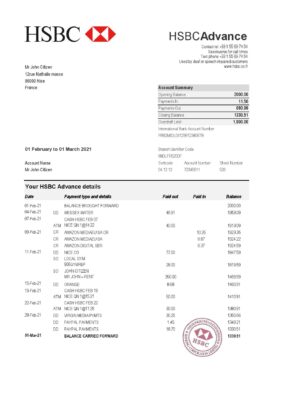 France HSBC bank statement template in Excel and PDF format