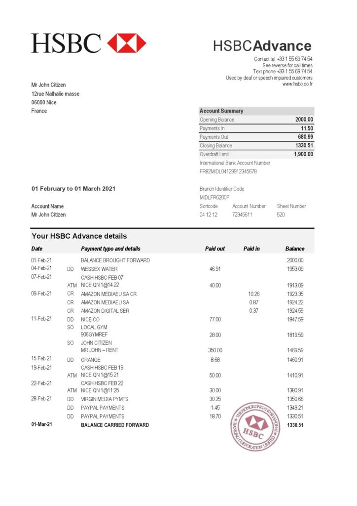 France HSBC bank statement template in Excel and PDF format