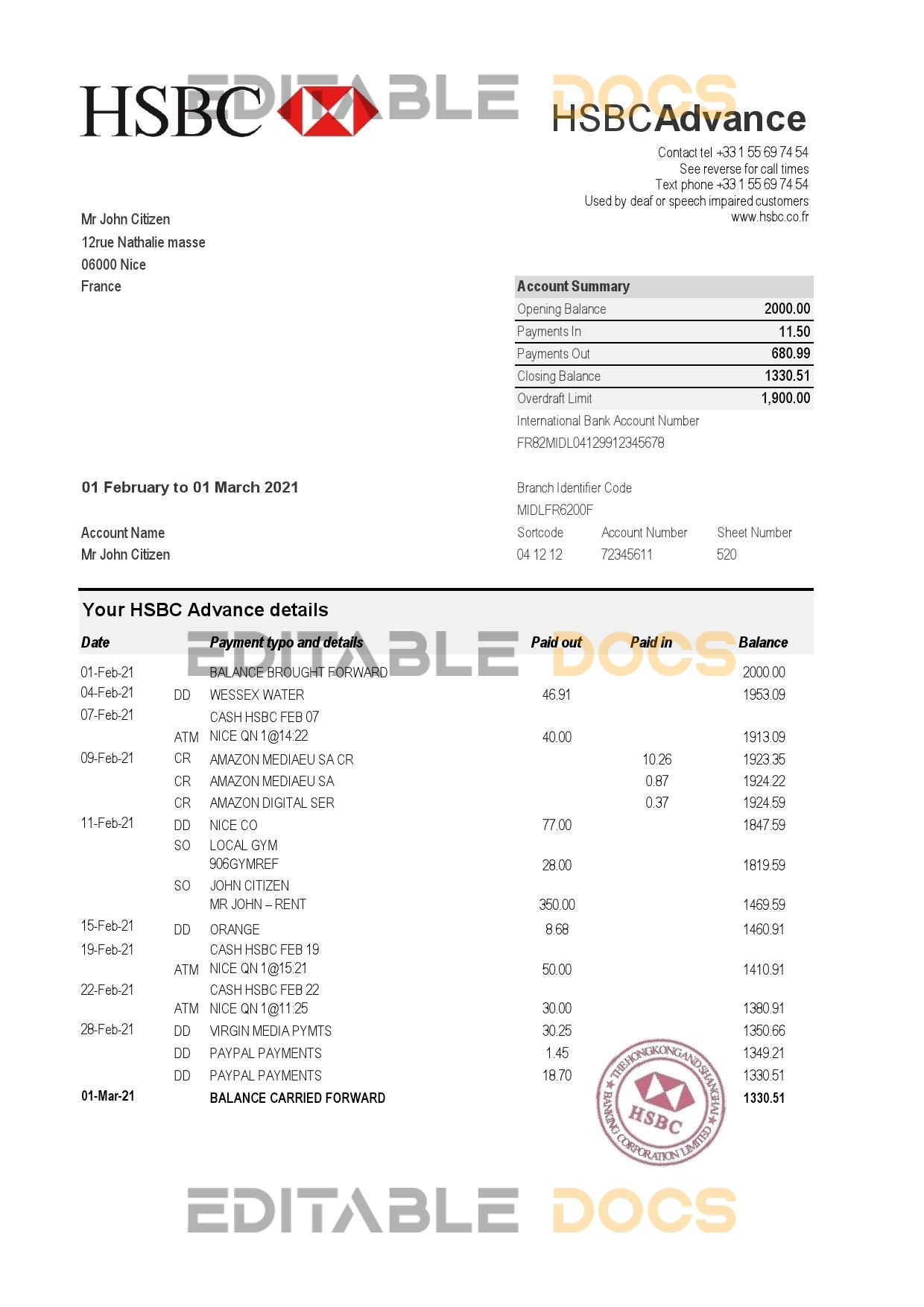 France HSBC bank statement template in Excel and PDF format