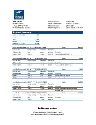 France La Banque Postale bank statement easy to fill template in .xls and .pdf file format