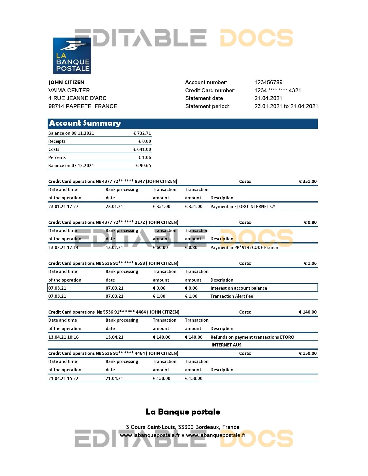 France La Banque Postale bank statement easy to fill template in .xls and .pdf file format