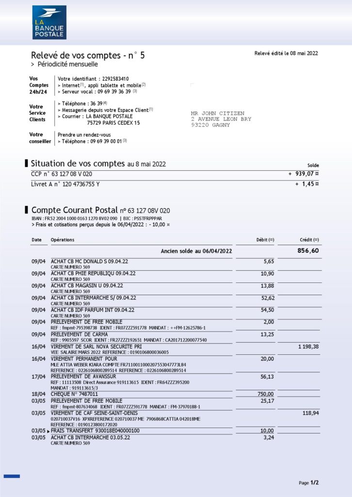 France La Banque Postale bank statement Word and PDF template, 3 pages