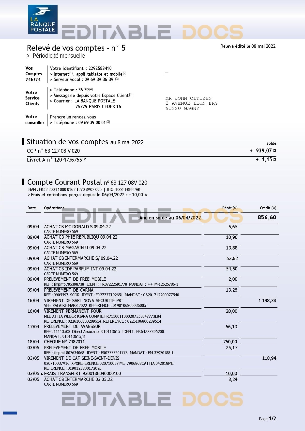 France La Banque Postale bank statement Word and PDF template, 3 pages