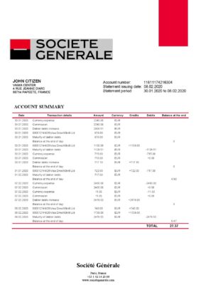 France Société Générale bank statement template in Word and PDF format