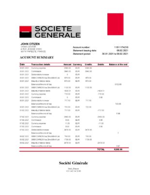 France Société Générale bank statement template in Excel and PDF format
