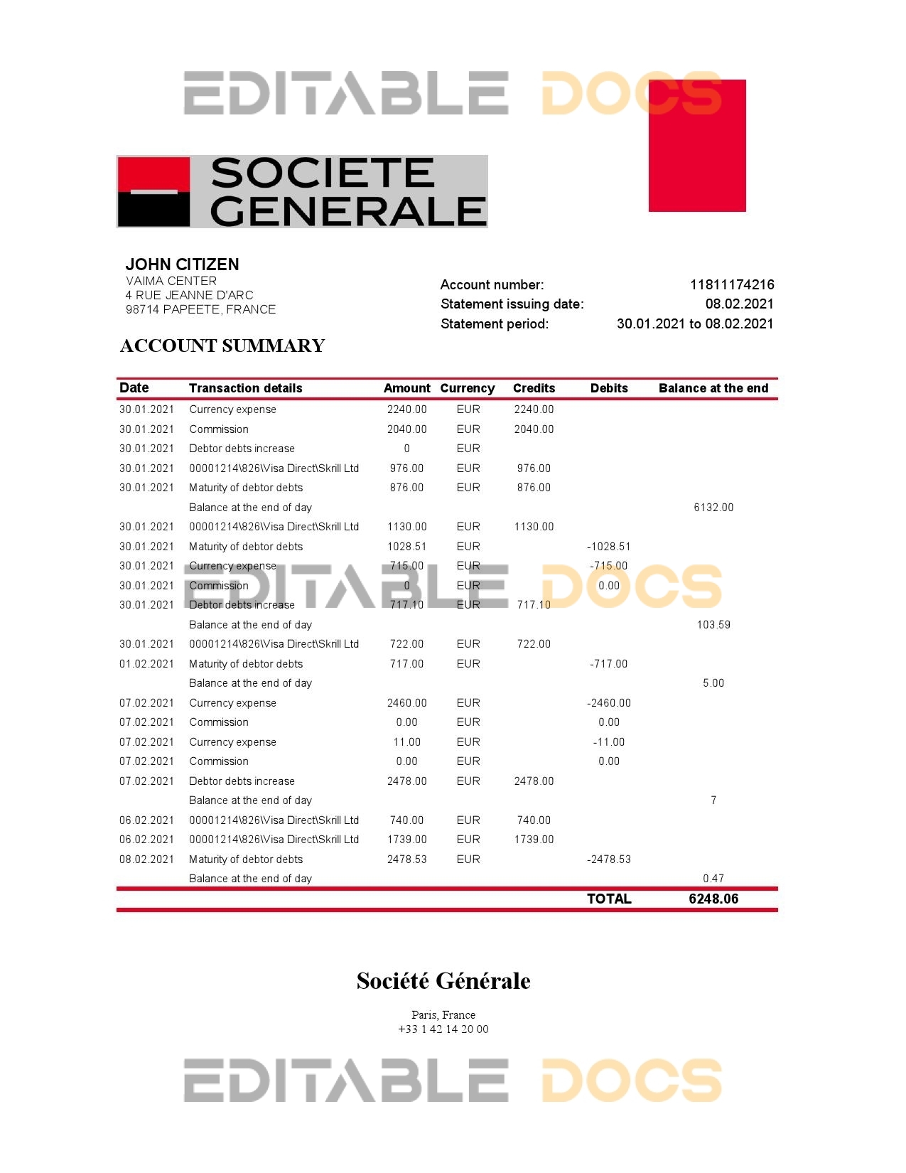France Société Générale bank statement template in Excel and PDF format