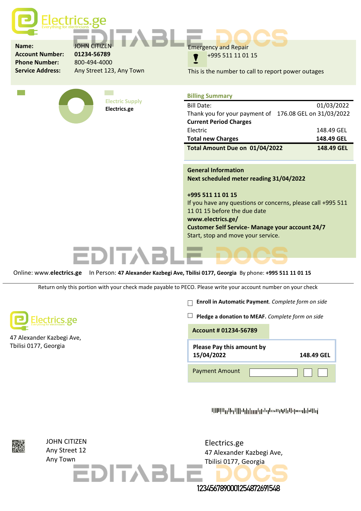 Georgia Electrics.ge electricity bill template in Word and PDF format