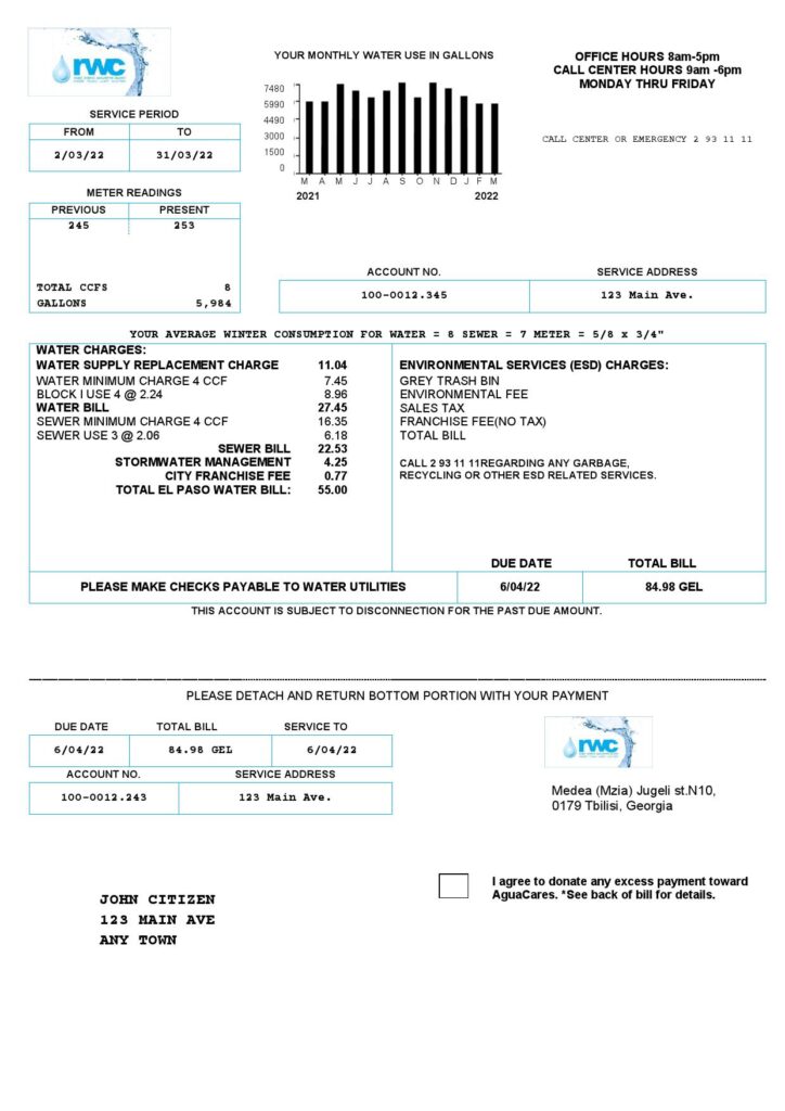 Georgia RWC water bill template in Word and PDF format