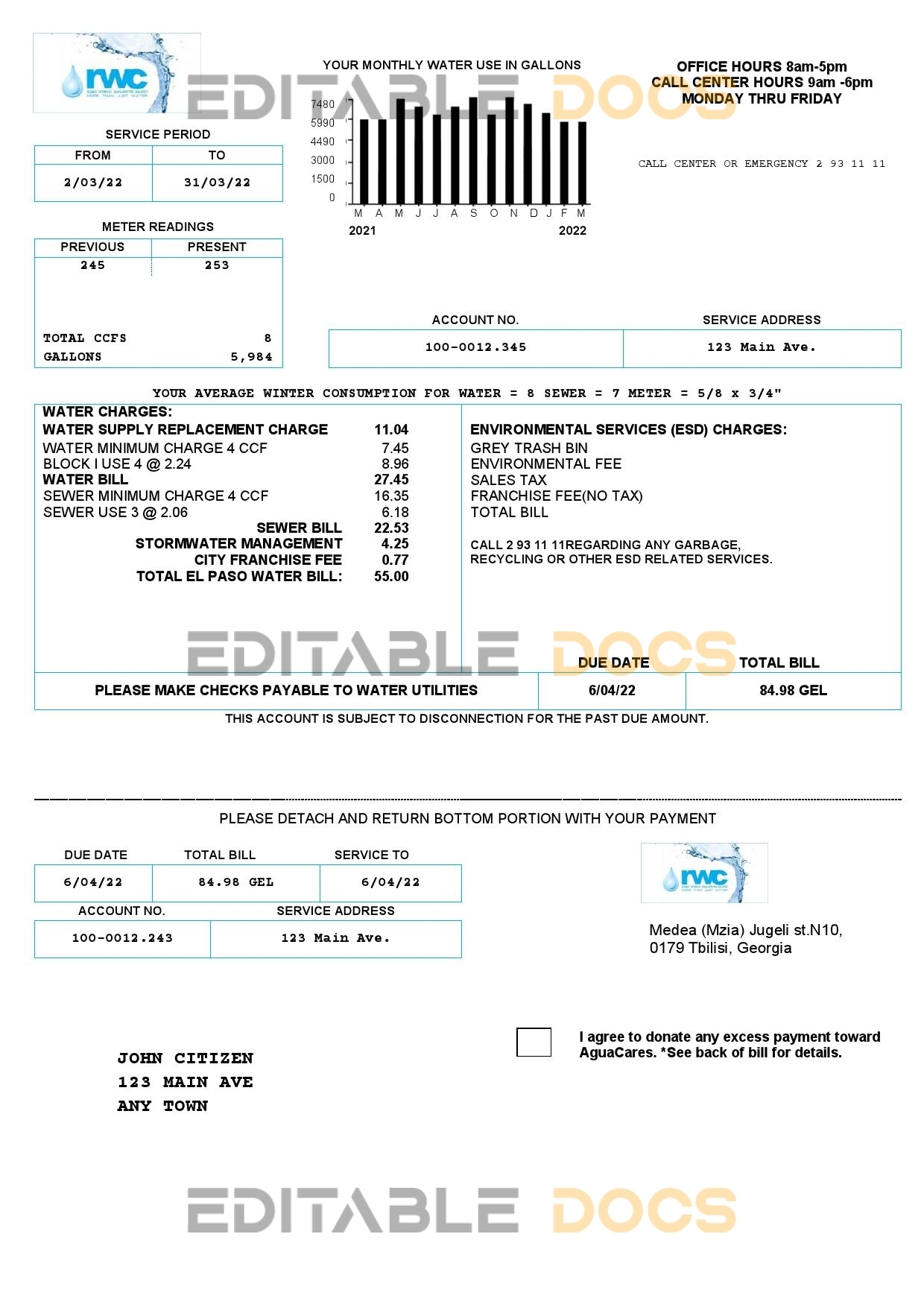 Georgia RWC water bill template in Word and PDF format