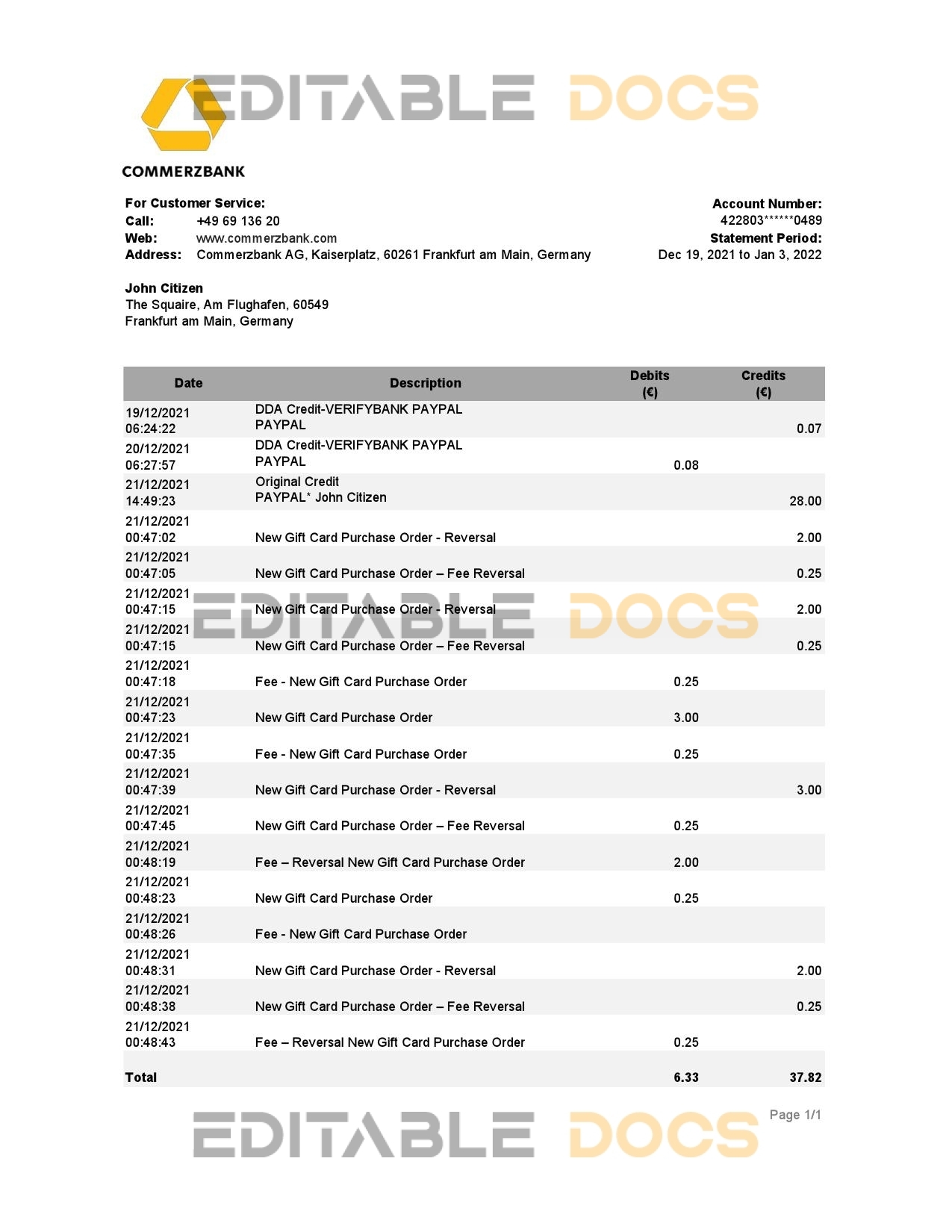 Germany Commerzbank statement Excel and PDF template
