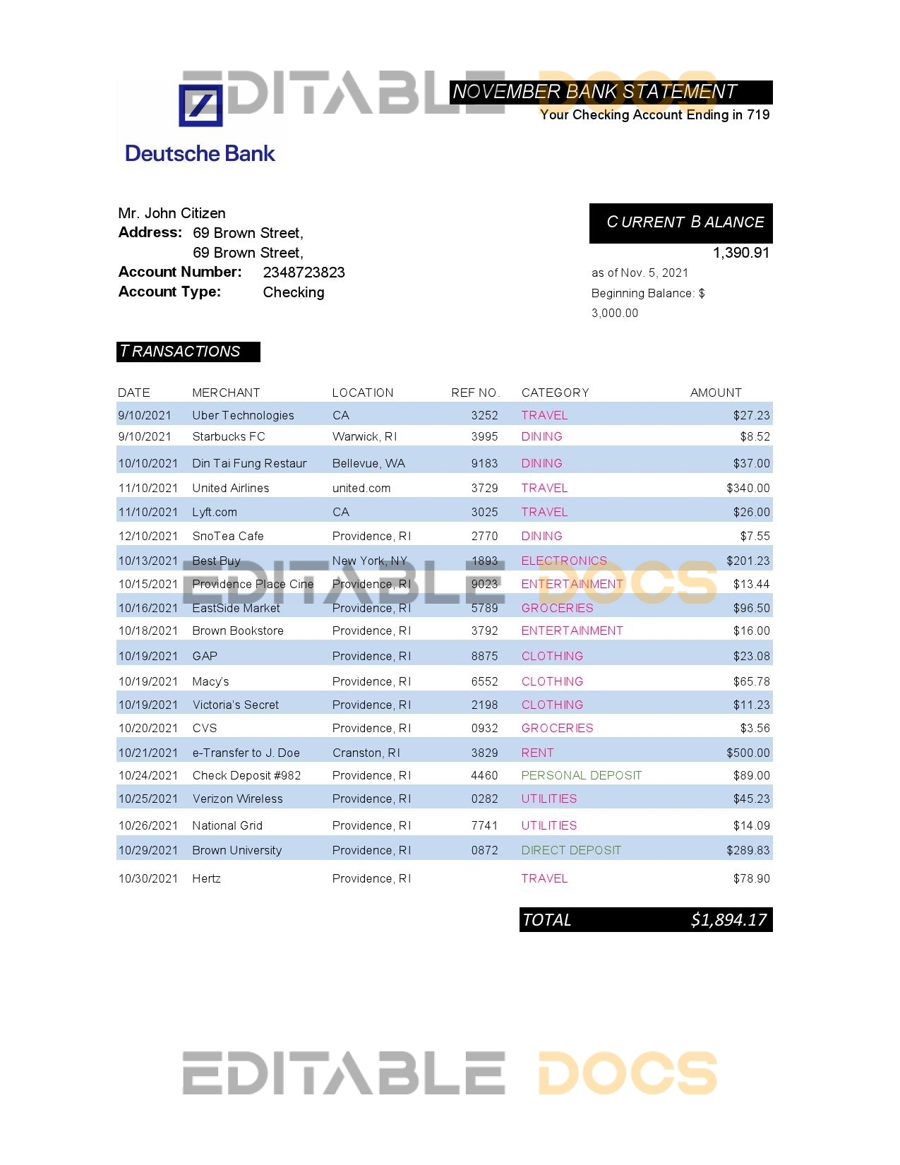Germany Deutsche bank statement easy to fill template in Excel and PDF format