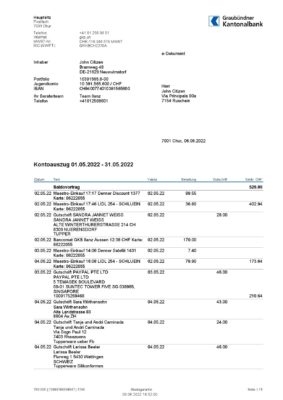 Germany Graubundner Kantonalbank bank statement, Word and PDF template, 4 pages