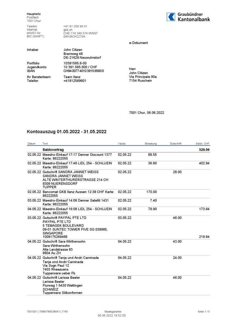 Germany Graubundner Kantonalbank bank statement, Word and PDF template, 4 pages