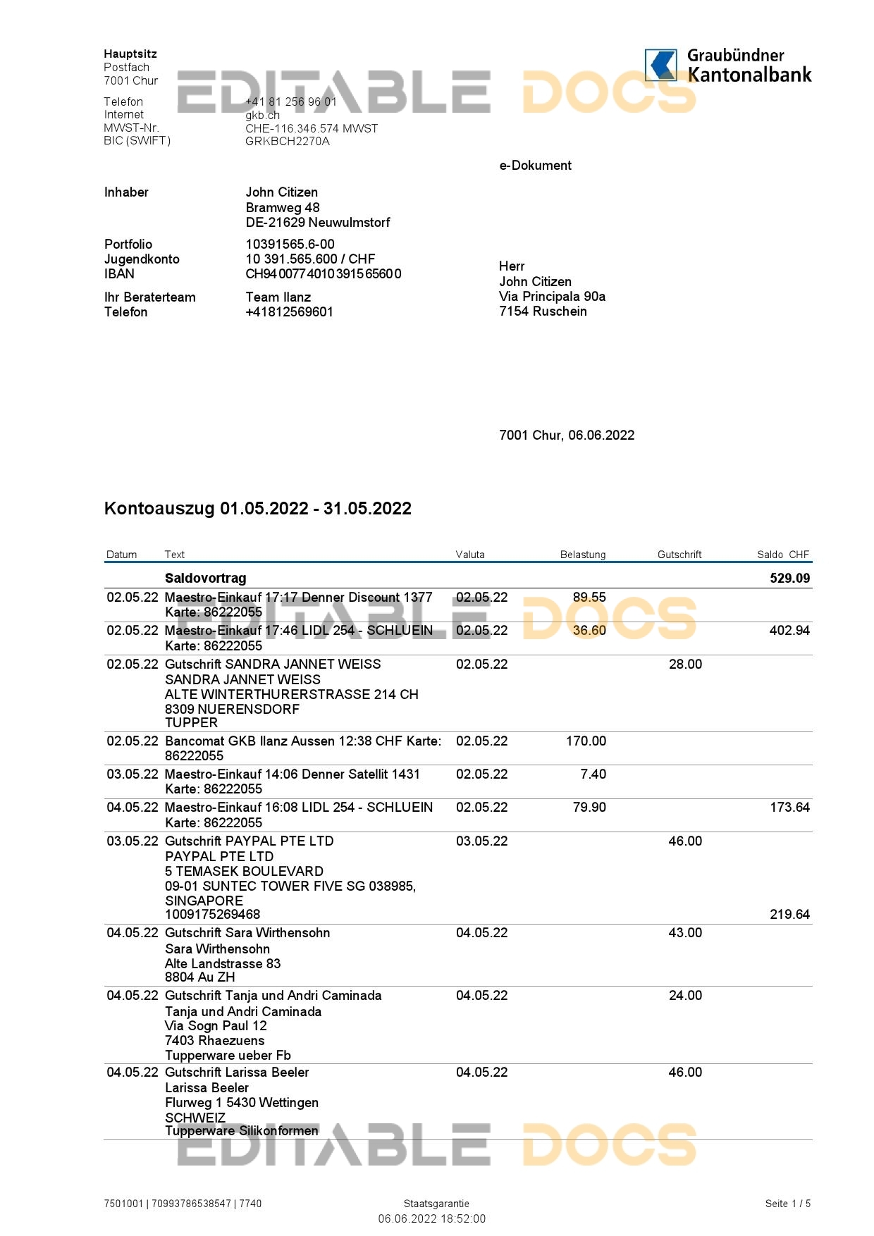 Germany Graubundner Kantonalbank bank statement, Word and PDF template, 4 pages