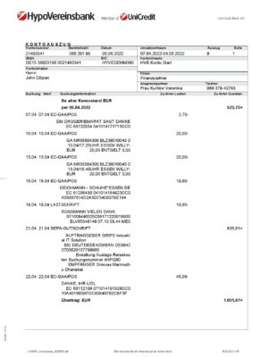 Germany HypoVereins bank statement, Word and PDF template, 3 pages
