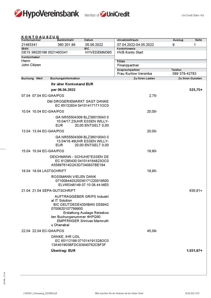 Germany HypoVereins bank statement, Word and PDF template, 3 pages