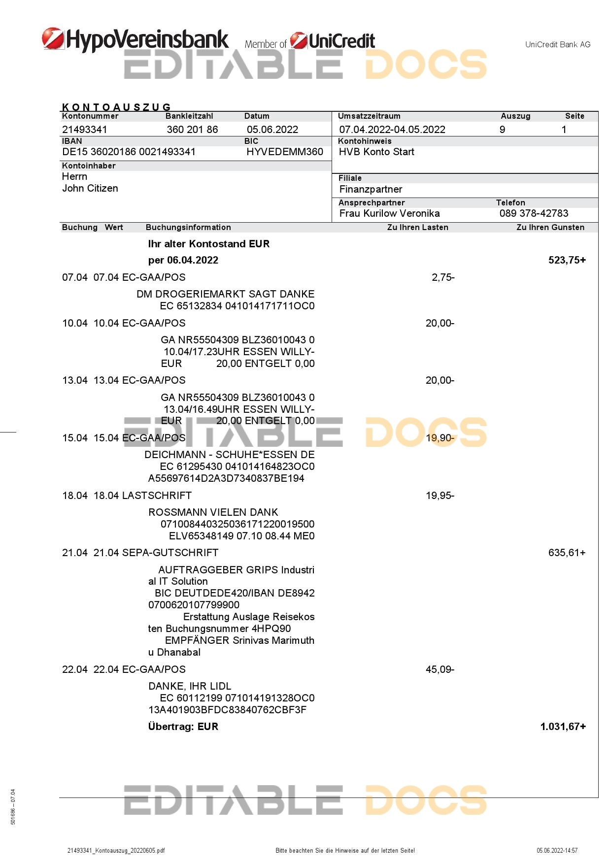 Germany HypoVereins bank statement, Word and PDF template, 3 pages