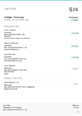 Germany N26 bank statement, Word and PDF template, 5 pages (in German language)