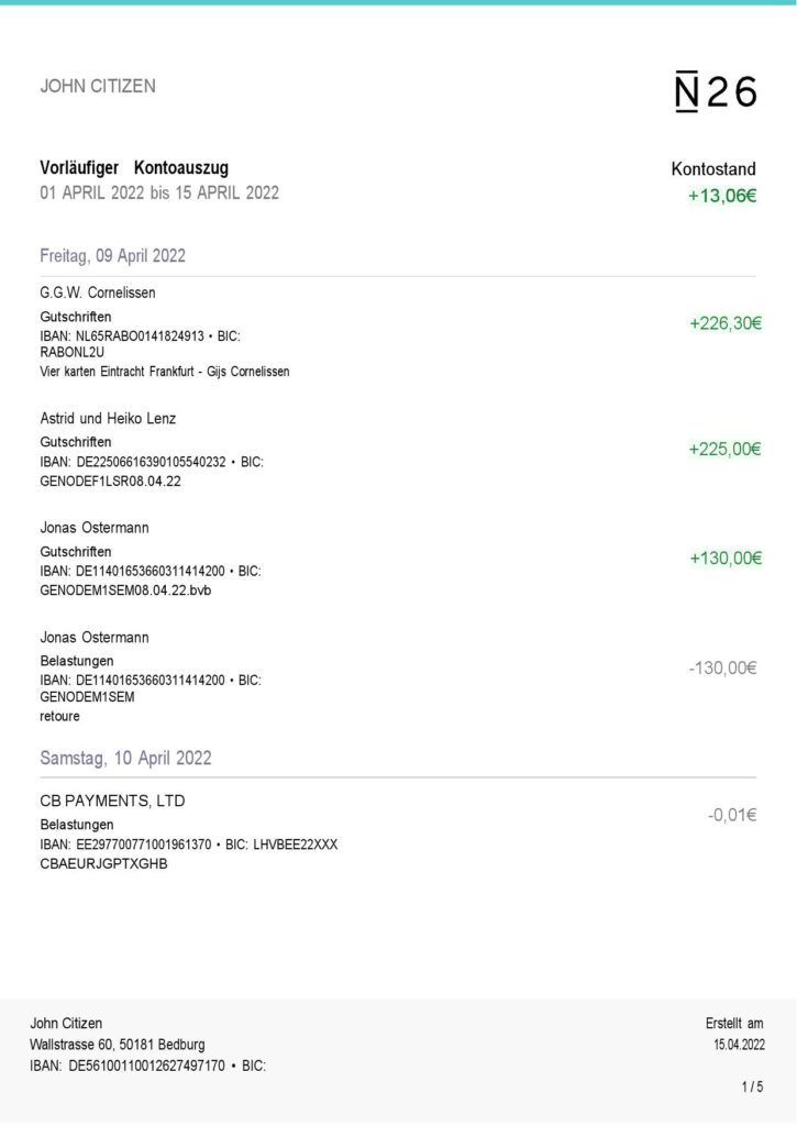 Germany N26 bank statement, Word and PDF template, 5 pages (in German language)