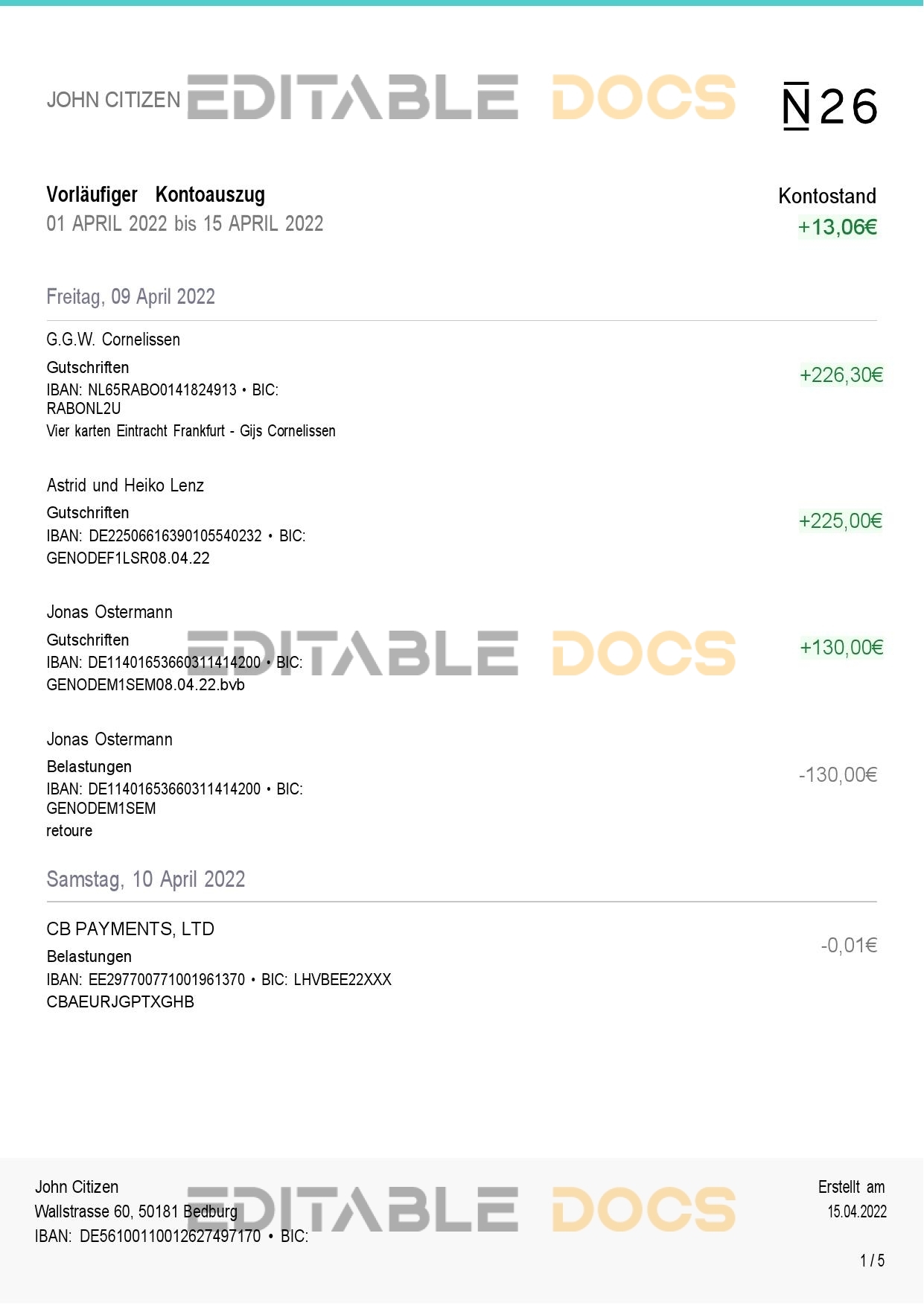 Germany N26 bank statement, Word and PDF template, 5 pages (in German language)