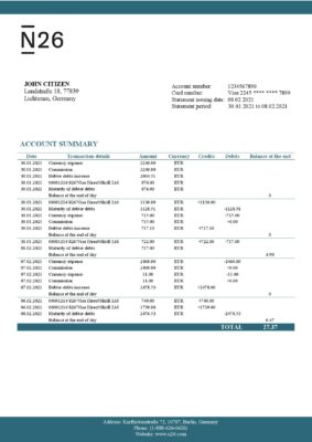 Germany N26 bank statement template in Excel and PDF format