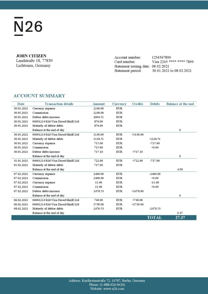 Germany N26 bank statement template in Excel and PDF format