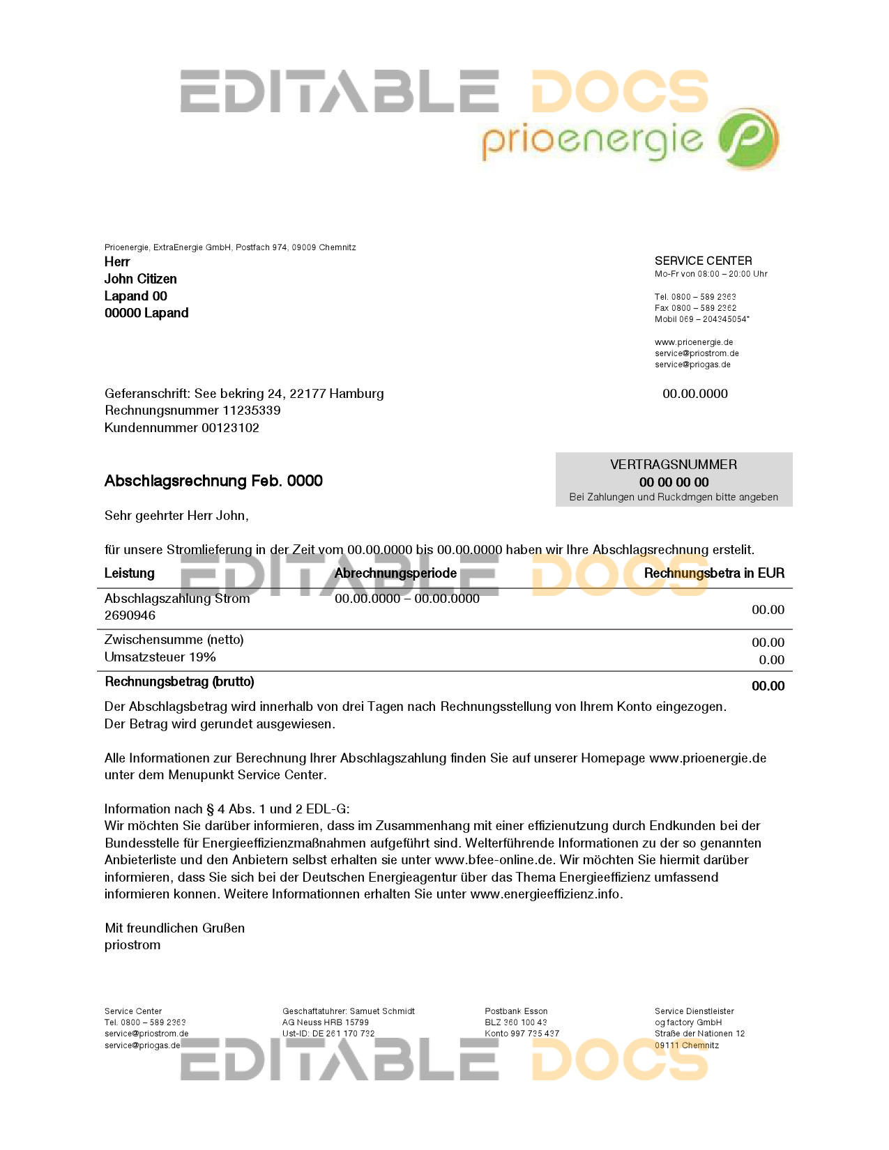 Germany Prioenergie proof of address utility bill template in Word and PDF format