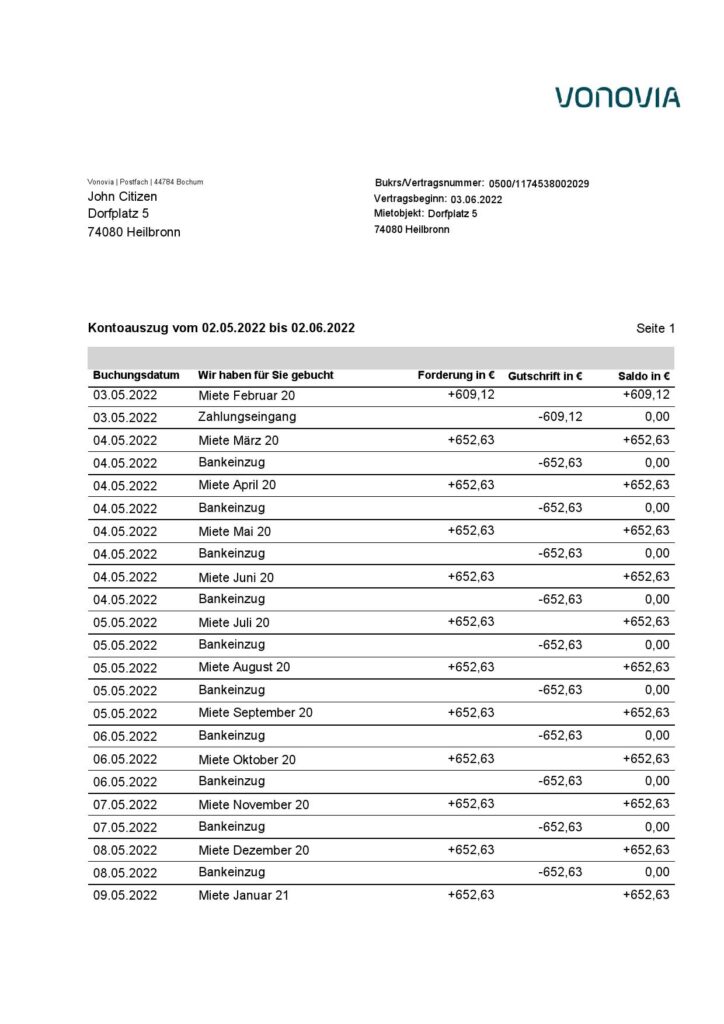 Germany Vonovia bank statement, Word and PDF template, 3 pages