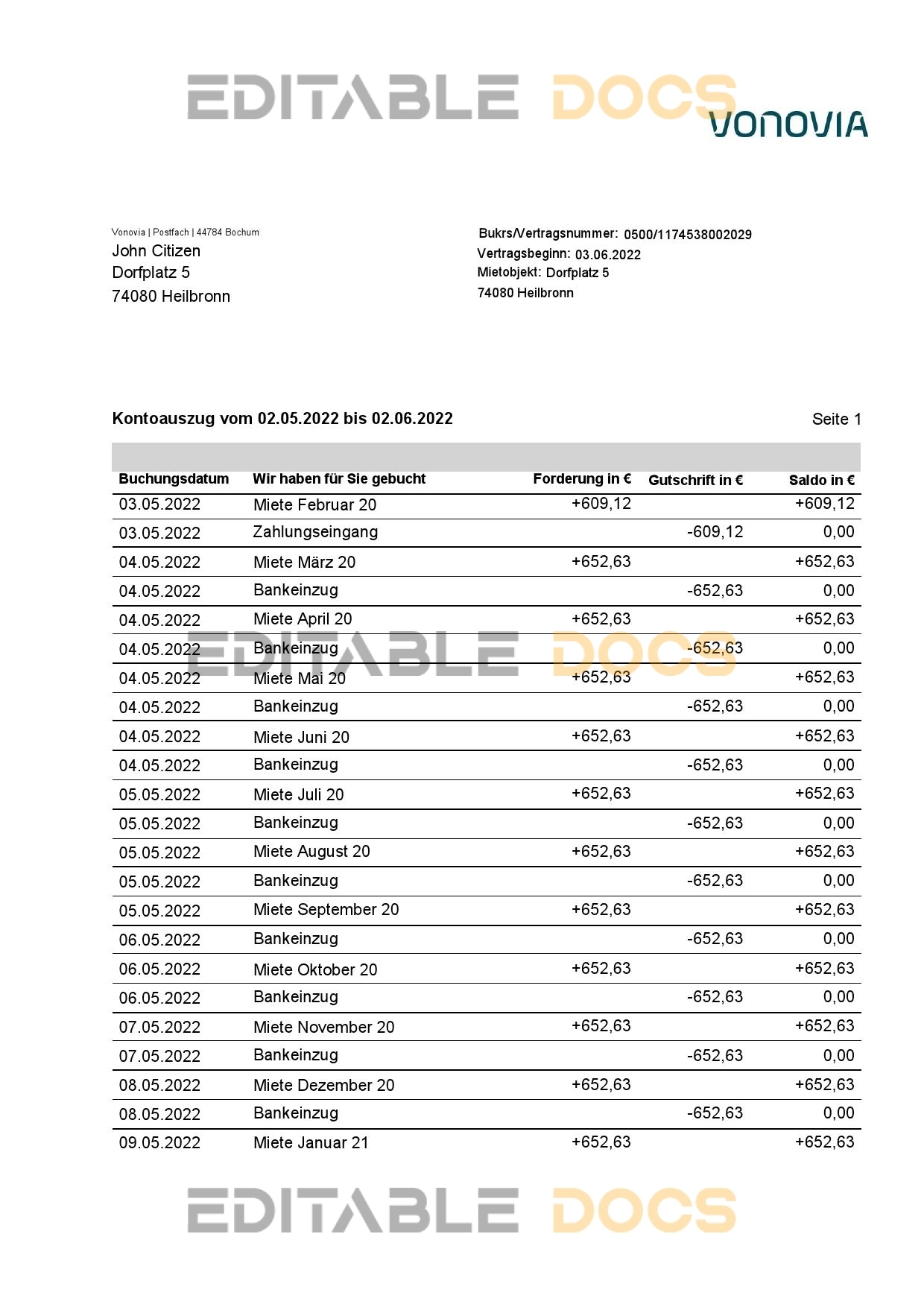 Germany Vonovia bank statement, Word and PDF template, 3 pages