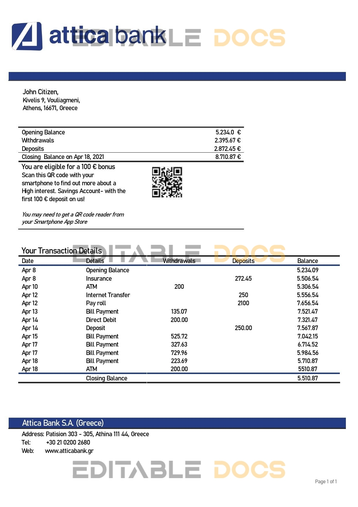 Greece Attica proof of address bank statement template in Word and PDF format, .doc and .pdf format