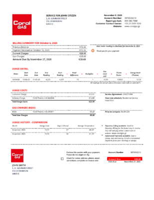 Greece CORAL GAS utility bill template in Word and PDF format