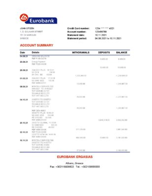 Greece Eurobank Ergasias bank statement easy to fill template in Excel and PDF format
