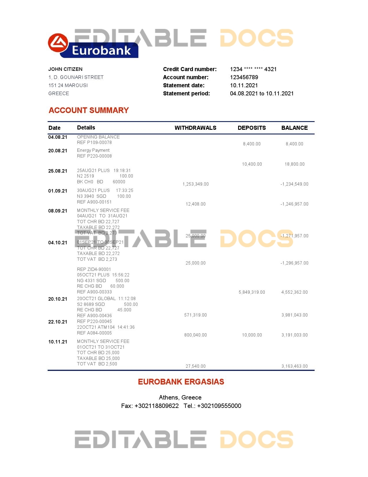 Greece Eurobank Ergasias bank statement easy to fill template in Excel and PDF format