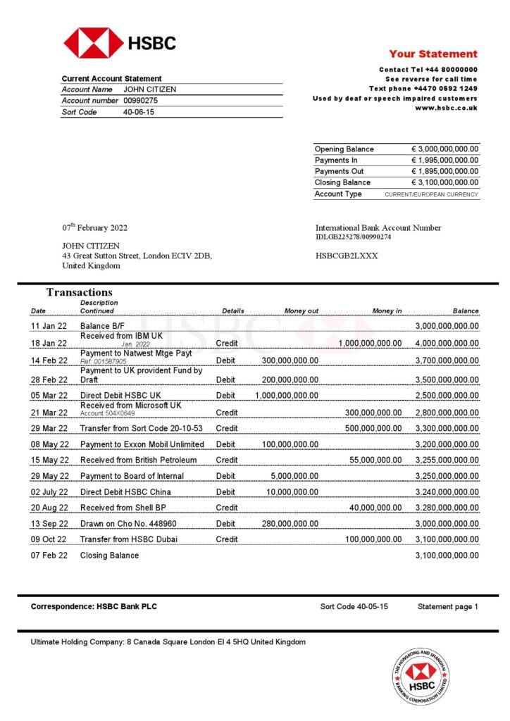 United Kingdom HSBC bank statement Word and PDF template, version 2