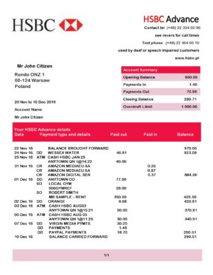 Poland HSBC bank statement template in .doc and .pdf format, fully editable