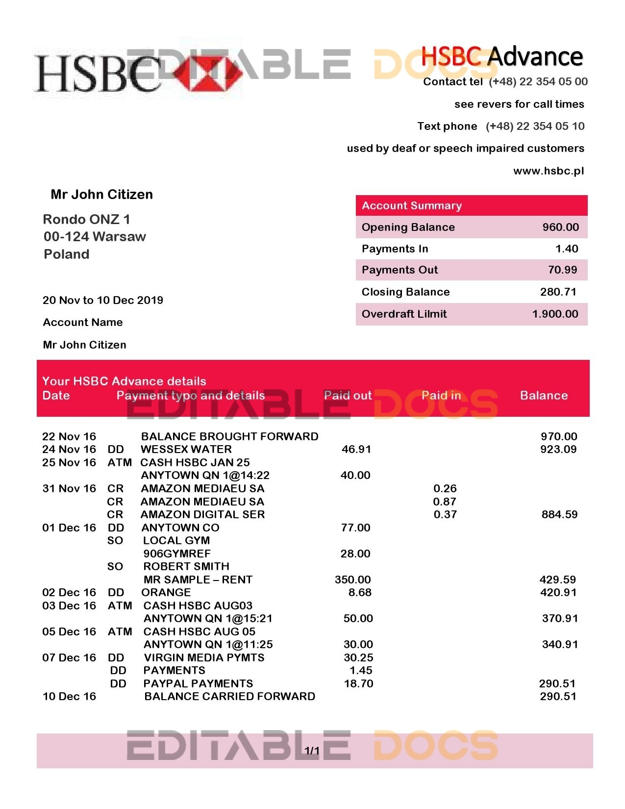 Poland HSBC bank statement template in .doc and .pdf format, fully editable