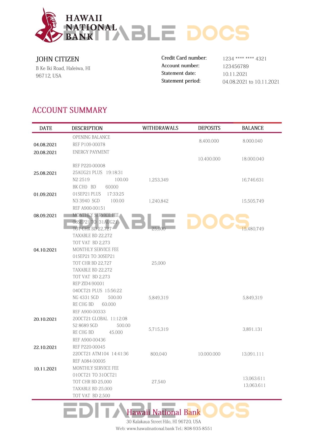 Hawaii Hawaii National Bank statement Word and PDF template